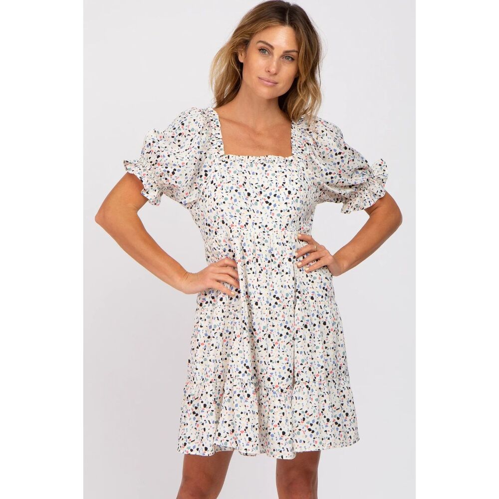 Large L Print Dress Smocked Puffed Sleeves Square Neck Tiered Skirt JODIFIL